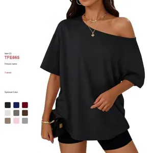 Women's Casual Off-Shoulder Short Sleeve T-Shirt Loose Solid Color Basic Tee Top