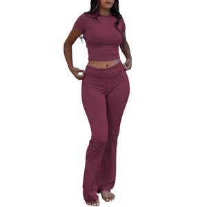 Women casual two piece set crop top flare pants gym workout tracksuit burgundy outfit