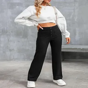 Women high waisted button detail casual straight leg trousers pocket pants detail view