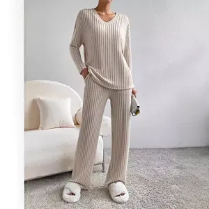 Γυναικείο Casual Ribbed Πλεκτό Σετ Δύο Κομματιών Μακρυμάνικο Top V-Laimokopsi και Ίσιο Παντελόνι Μονόχρωμο Φαρδύ Loungewear
