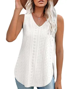 White eyelet lace V-neck sleeveless tank top detail, casual summer top for women.