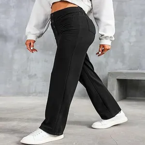 Women casual high waist straight leg trousers side view detail showing fit and button design.