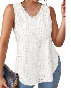 White V-neck sleeveless eyelet top for women, casual summer daily wear detail view.