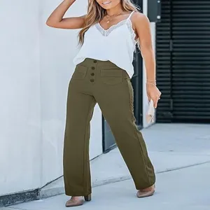 Detailed view of high-waisted casual trousers with multiple buttons and pockets design.