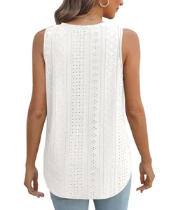 White sleeveless eyelet jacquard V-neck camisole casual tank top for women summer style.