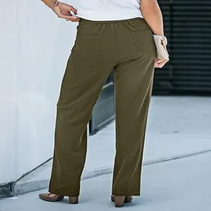 Women green casual straight leg trousers high waist multi pocket detail back view