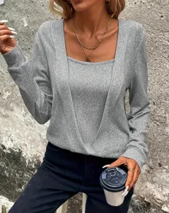 Solid color long sleeve square neck fake two-piece loose T-shirt detail view for women.