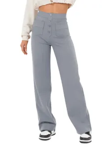 High waist straight leg trousers with front buttons and multiple pockets for women casual wear.