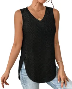 Close-up of black V-neck sleeveless eyelet jacquard tank top featuring stylish side slits.