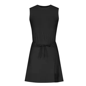 Black sleeveless athletic tennis dress detail with drawstring waist and side slit design.