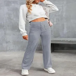 Women's high waist casual straight leg pants with buttons and multiple pockets grey.