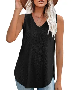 Women Summer Casual V-Neck Sleeveless Eyelet Jacquard Tank Top Solid Color Basic Blouse
