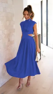 Detailed shot of the elegant royal blue sleeveless midi dress with waist cut-outs and high collar.