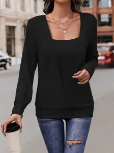 Casual solid color long sleeve square neck fake two piece loose T shirt for women daily