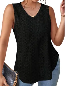 Black V-neck sleeveless eyelet jacquard tank top detail, perfect for casual summer wear.