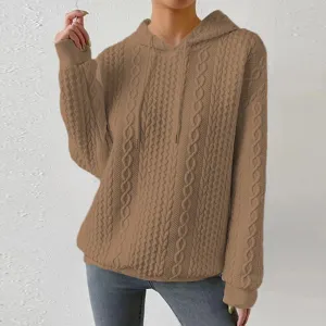 Casual cable knit hooded sweatshirt for women, long sleeve drawstring pullover top.