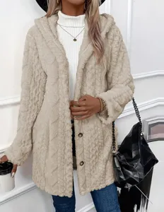 Fuzzy hooded cardigan detail shot showing soft faux fur texture and button closure style.
