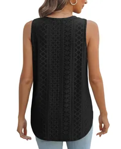 Back view of women black sleeveless jacquard tank top featuring detailed textured eyelet design.