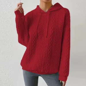 Detailed view of the red cable knit hooded sweater showcasing texture and drawstring style.