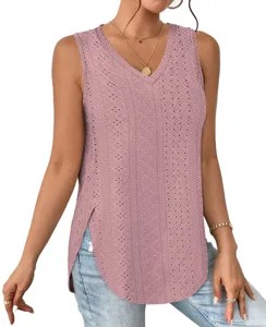 V-neck sleeveless eyelet jacquard top with side split hem, detailed close-up shot of texture.
