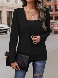 Solid color long sleeve square neck fake two piece loose t-shirt detail view and fit.