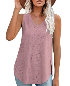 Women's V-Neck Sleeveless Eyelet Jacquard Tank Top Casual Summer Loose Blouse Shirt