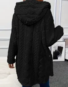 Back view of a black fuzzy hooded cardigan jacket, long sleeve casual winter fleece outerwear.