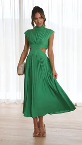 Elegant summer green cut-out midi dress with mock neck and sleeveless design for stylish women.