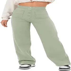 Women's stylish high-waisted casual straight-leg pants with multi pockets and buttons.