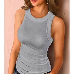 Women's solid color ribbed tank top sexy crew neck slim fit basic sleeveless vest summer