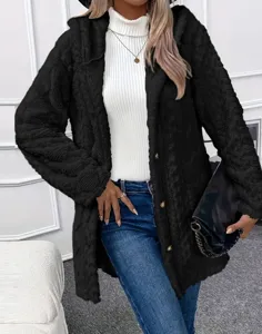 Black fleece hooded cardigan jacket detail, casual long sleeve winter outerwear for women.