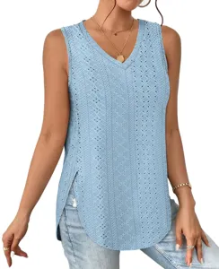 Close-up detail of light blue V-neck sleeveless eyelet lace tank top with side split hem.