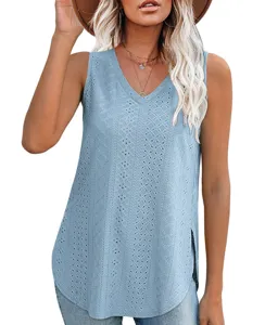 Women Summer Casual V-Neck Sleeveless Eyelet Jacquard Tank Top Solid Color Chic Blouse