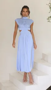 Light blue mock neck cut out midi dress detail view showing stylish waist design and smooth fabric.