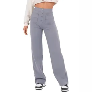 Women's Casual High Waist Straight Leg Pants Solid Color Multi-Pocket Button Fly Denim Trousers Fashion Commuter Bottoms