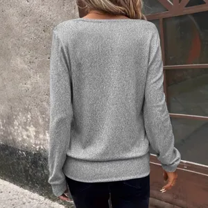 Back view of women solid gray long sleeve square neck loose casual top, fashion daily wear.