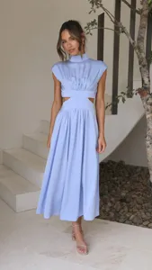Light blue mock neck waist cut-out midi dress, stylish elegant summer wear for women.