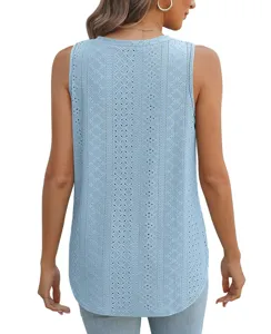 Back view detail of women light blue sleeveless eyelet jacquard top, casual summer tank shirt.