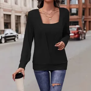 Solid Color Long Sleeve Square Neck Fake Two Piece Loose T-Shirt Casual Women Top Street Style