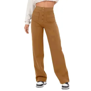 Stylish women's high-waisted brown straight leg trousers with multi-button and practical pockets.