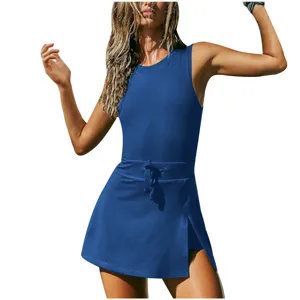 Women athletic tennis dress activewear romper sleeveless workout fitness sportswear solid blue