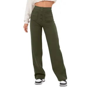 Stylish high-waisted casual straight leg pants for women with front buttons and handy pockets.