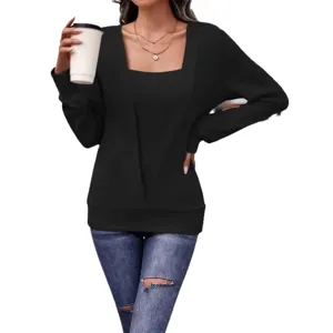 Women solid color long sleeve square neck fake two piece loose t-shirt for autumn style.