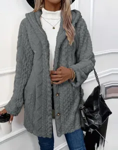 Casual grey hooded fuzzy cardigan jacket with front buttons and long sleeves for winter.