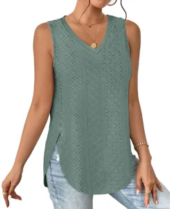 Close-up detail of the breathable eyelet jacquard texture and elegant V-neck design.