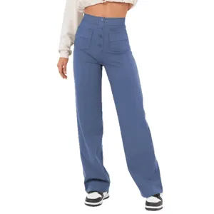Women high-waisted casual straight leg trousers with buttons and pockets main view