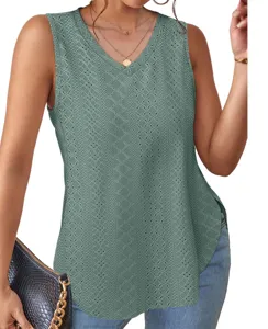 Women's V-Neck Sleeveless Eyelet Jacquard Tank Top Casual Summer Sage Green Blouse