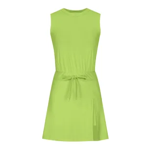 Lime green activewear tennis dress detail, sleeveless design with drawstring waist and slit.