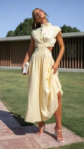 Women summer high neck solid cutout maxi dress elegant street style chic long apparel