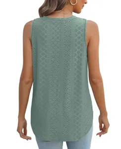 Back view of women green sleeveless eyelet jacquard tank top showing knit fabric detail.